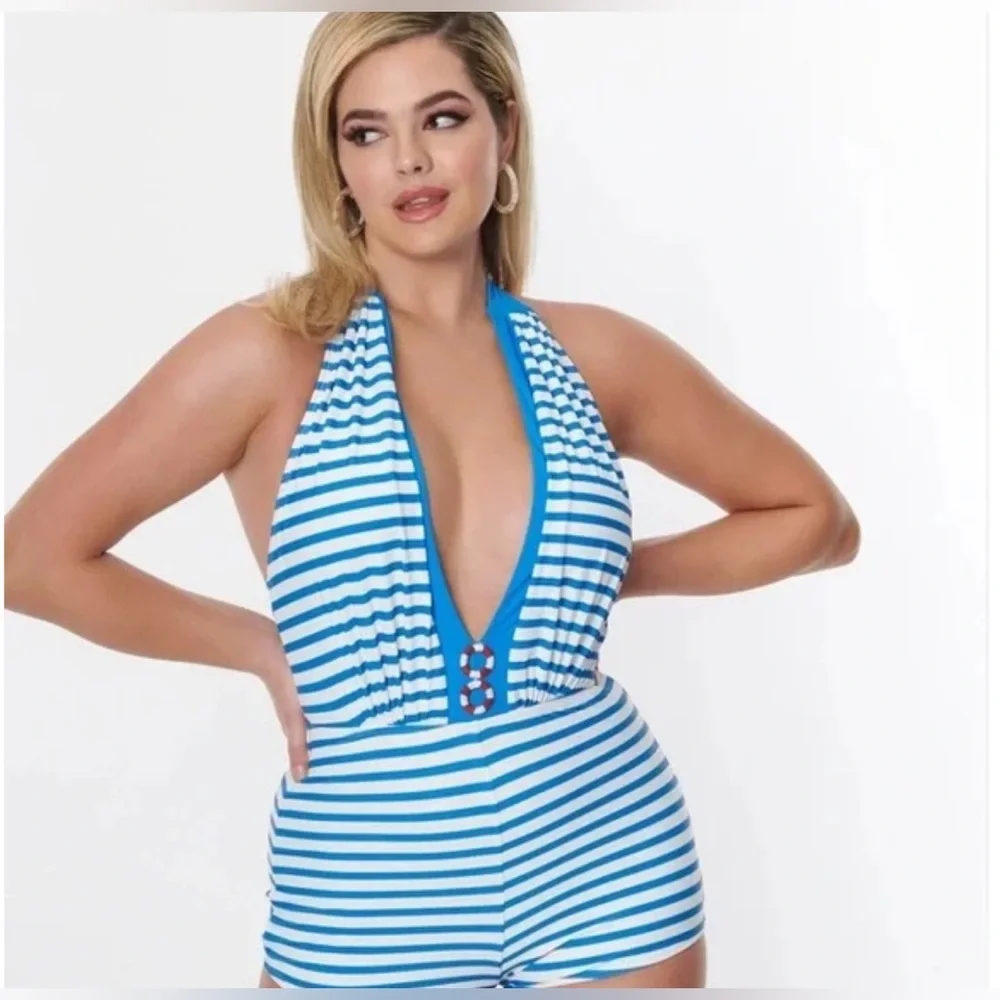 Unique Vintage Retro One Piece Swimsuit Blue/Wh Stripe 1X Rare Sailor Nautical